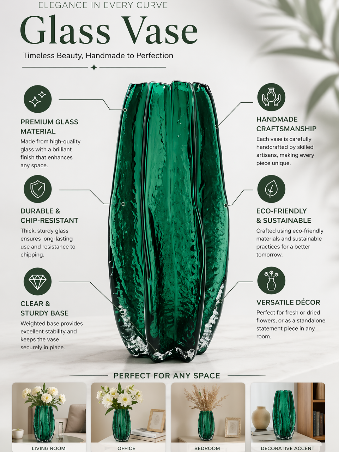 Green Glass pumpkin Flower Vase 30X14