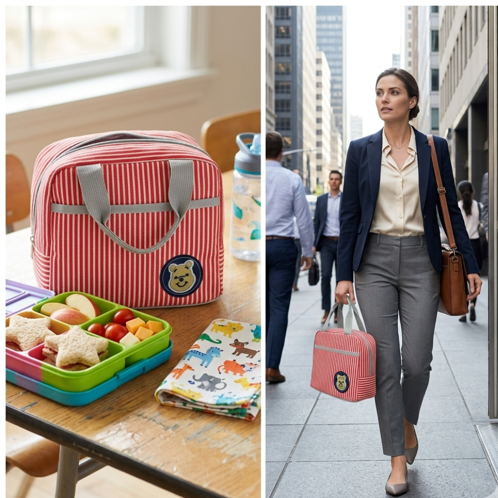 M N Store Insulated Lunch Bag for Men & Women – Stylish Stripe Lunch Tote with Front Pocket, Reusable Leakproof Lunch Box Bag for Office, School, Travel & Picnic