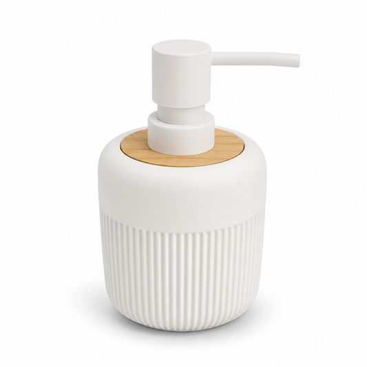 Premium Ribbed Ceramic Soap Dispenser with Bamboo Lid & Matte Pump | Refillable Bathroom & Kitchen Liquid Soap Dispenser | Modern Nordic Hand Wash Dispenser (350–400 ml)