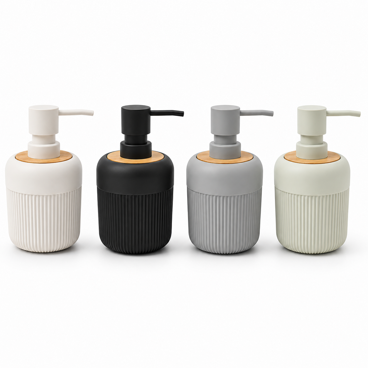 Premium Ribbed Ceramic Soap Dispenser with Bamboo Lid & Matte Pump | Refillable Bathroom & Kitchen Liquid Soap Dispenser | Modern Nordic Hand Wash Dispenser (350–400 ml)