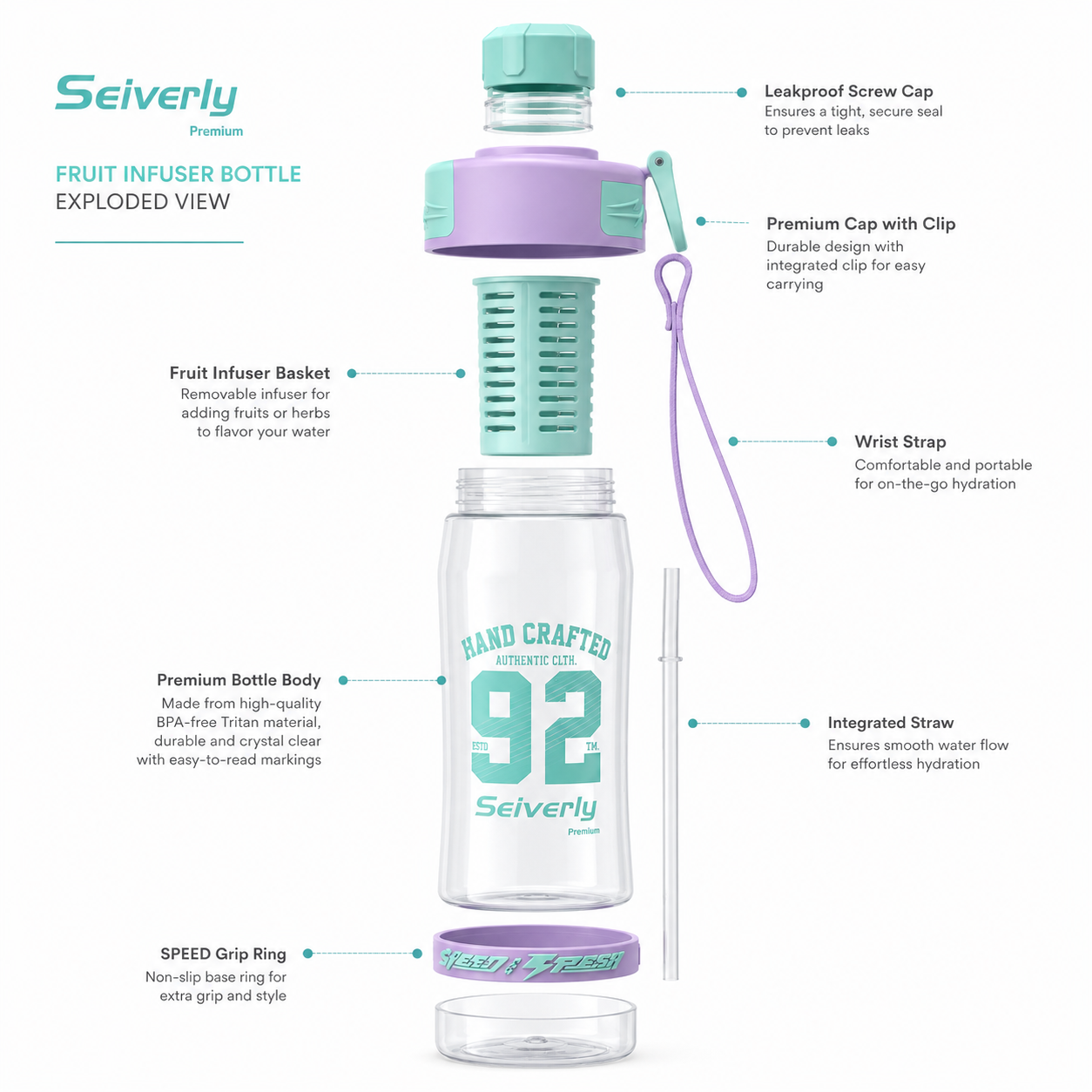 Seiverly Premium Fruit Infuser Water Bottle with Removable Infusion Rod | Leakproof Sports & Fitness Water Bottle with Carry Strap