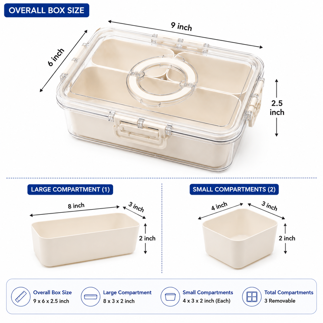 Premium 3-Compartment Airtight Food Storage Organizer Box with Removable Trays | BPA-Free Kitchen, Refrigerator & Snack Storage Container