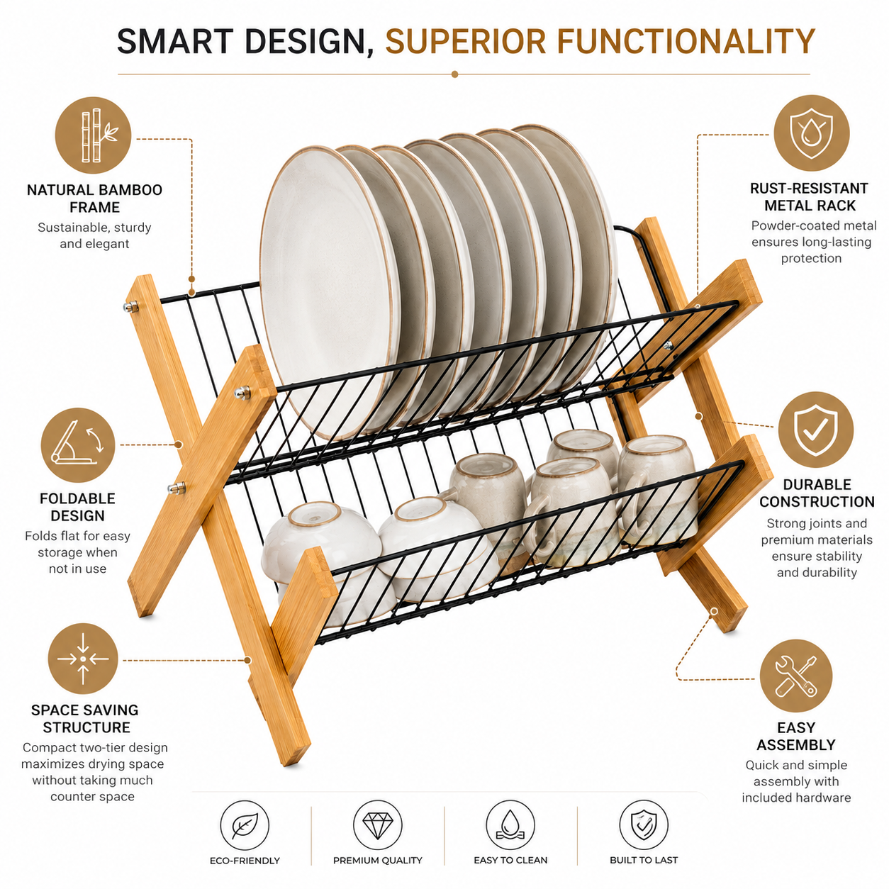 2-Tier Dish Drying Rack with Bamboo Frame | Foldable Kitchen Countertop Plate & Cup Organizer | Space Saving Dish Drainer Stand