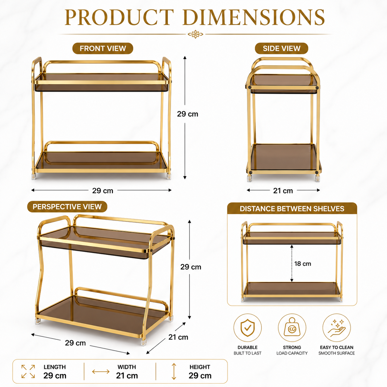 Luxury 2-Tier Gold Cosmetic Organizer Rack with Smoked Glass Shelves | Premium Makeup, Skincare & Perfume Storage Stand