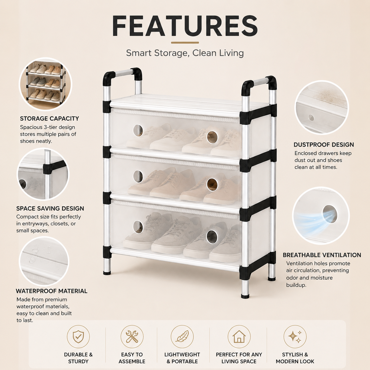 3-Tier Portable Shoe Rack Organizer with Dustproof Cover | Lightweight Space Saving Footwear Storage Cabinet
