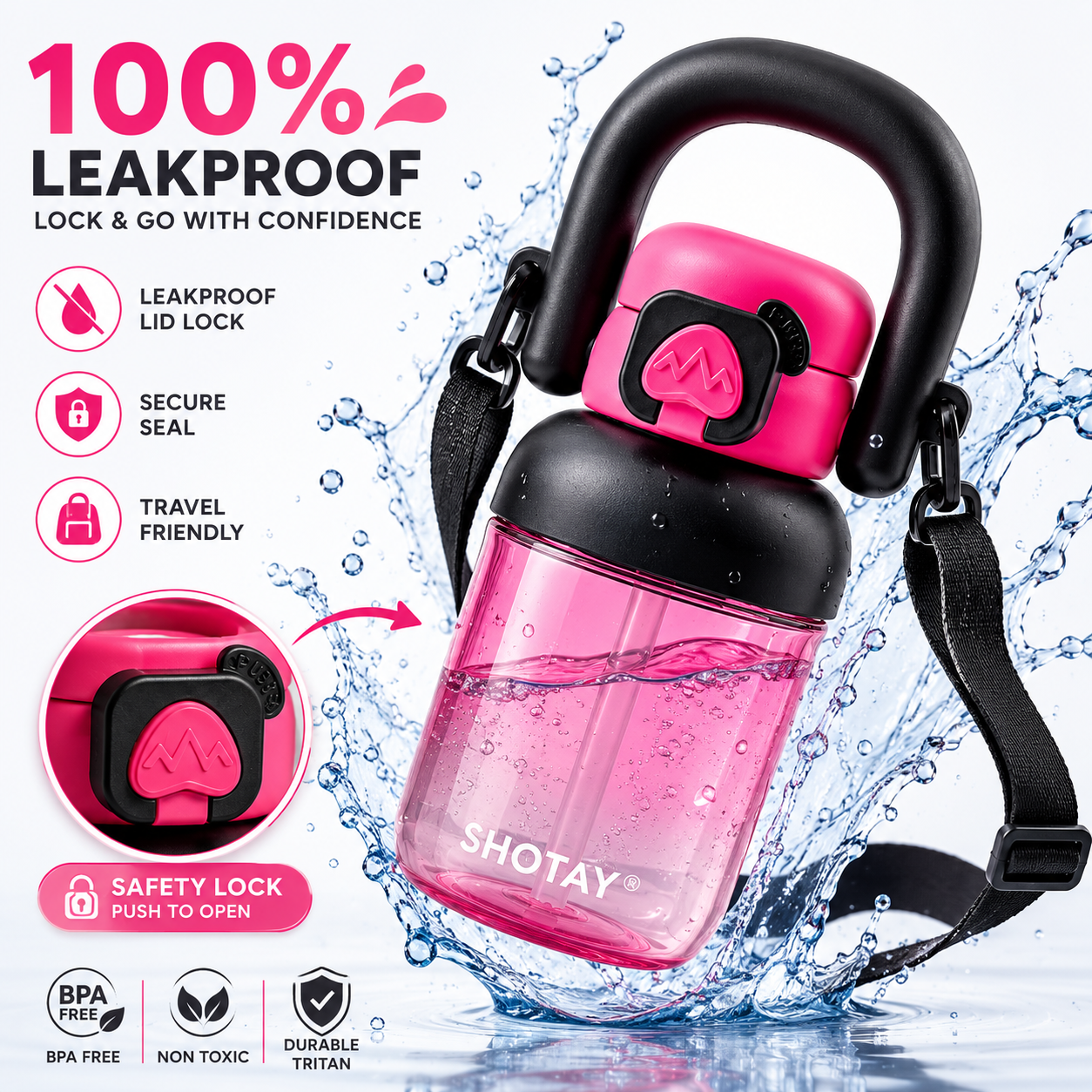 Kids BPA-Free Tritan Water Bottle with Straw, Push Button Leakproof Lid, Large Carry Handle & Adjustable Shoulder Strap | Reusable School Water Bottle (650ml)