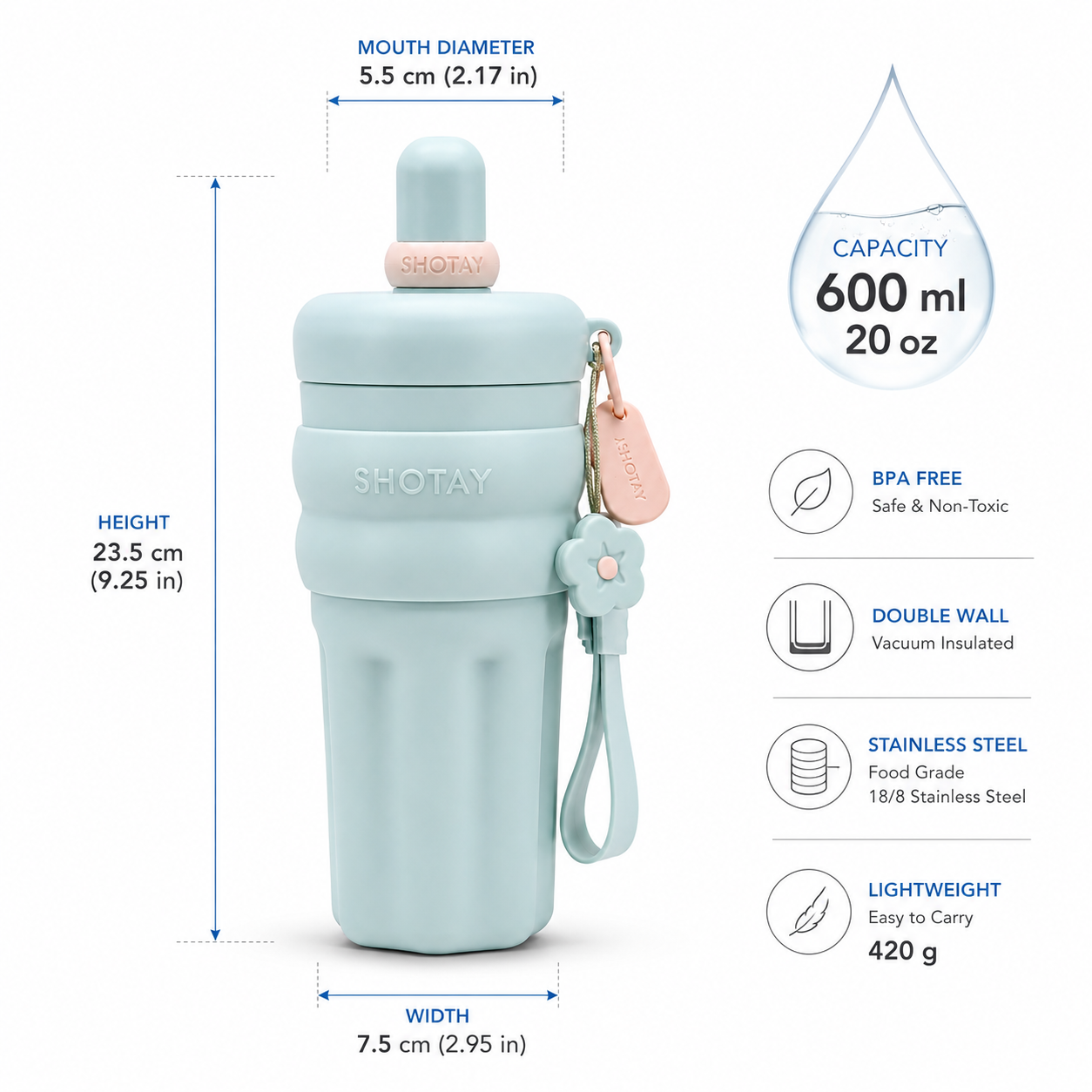 SHOTAY 600ml Double Wall Vacuum Insulated Stainless Steel Water Bottle with Silicone Sleeve, Straw Lid & Carry Loop | BPA-Free Leakproof Sports Flask for Office, School, Gym & Travel