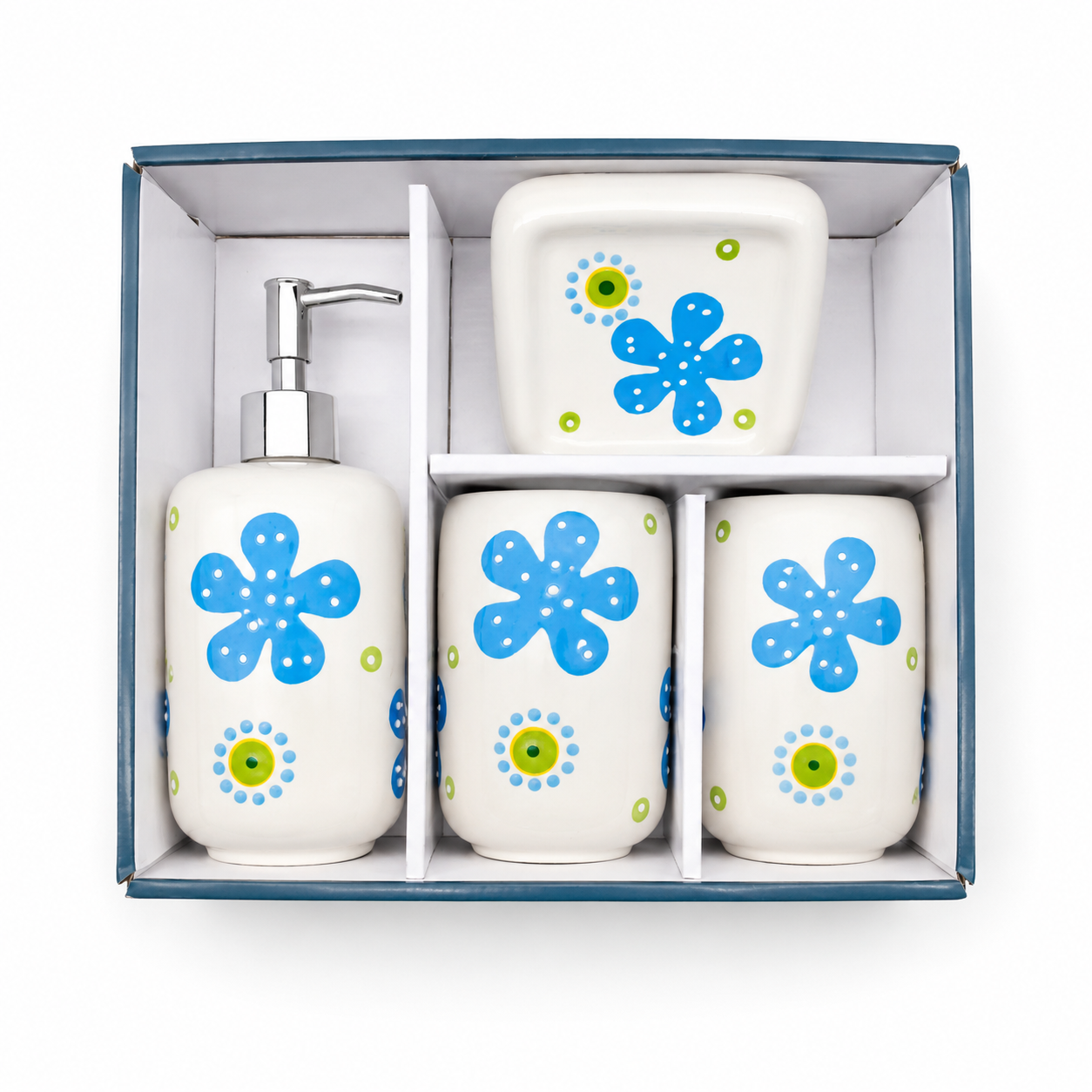 Premium Ceramic Bathroom Accessories Set (4 Pieces) | Floral Printed Soap Dispenser, Toothbrush Holder, Tumbler & Soap Dish | Modern Bathroom Organizer Set