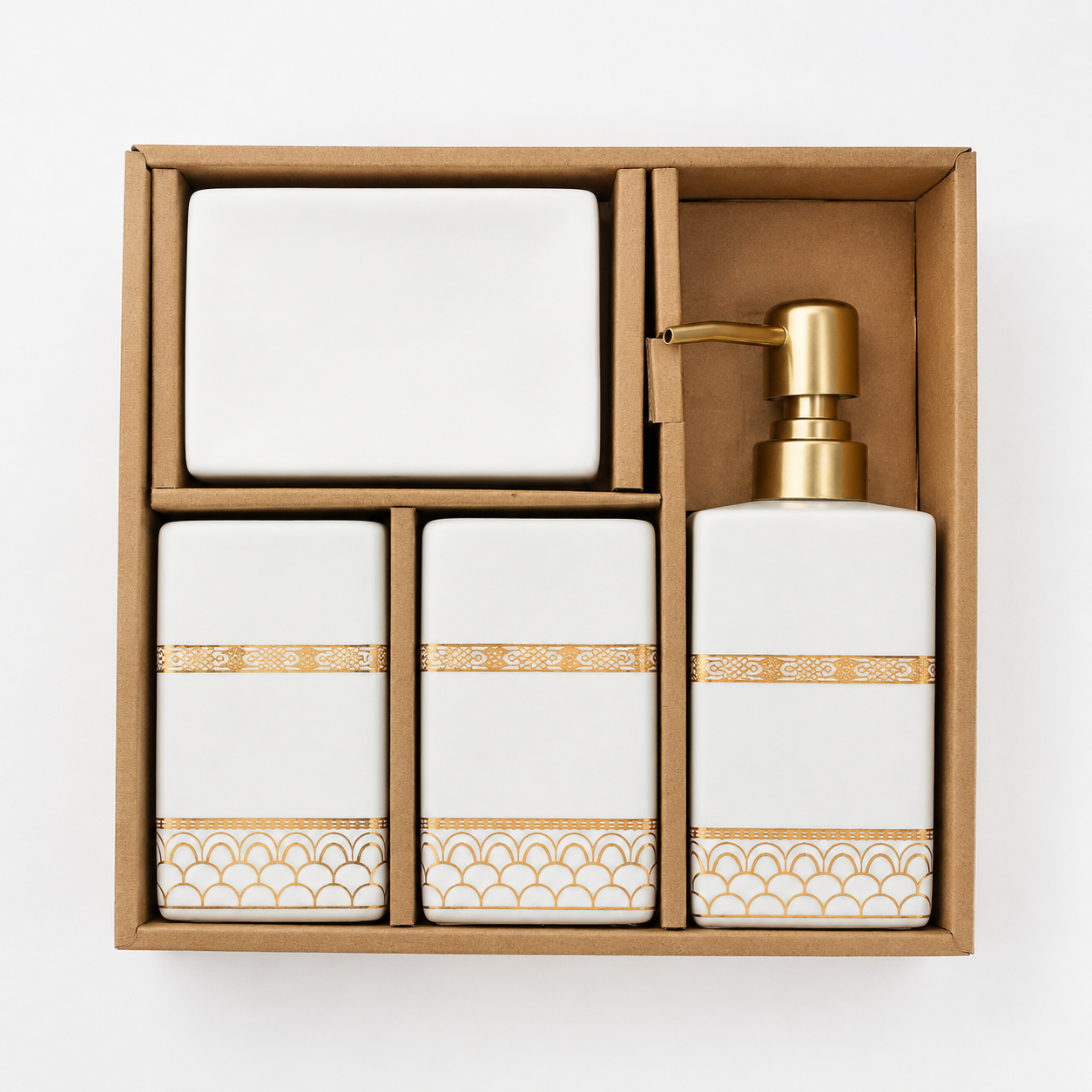 Premium 4-Piece Ceramic Bathroom Accessories Set with Gold Pump | Soap Dispenser, Toothbrush Holder, Tumbler & Soap Dish | Luxury Bathroom Organizer | White & Black Variants
