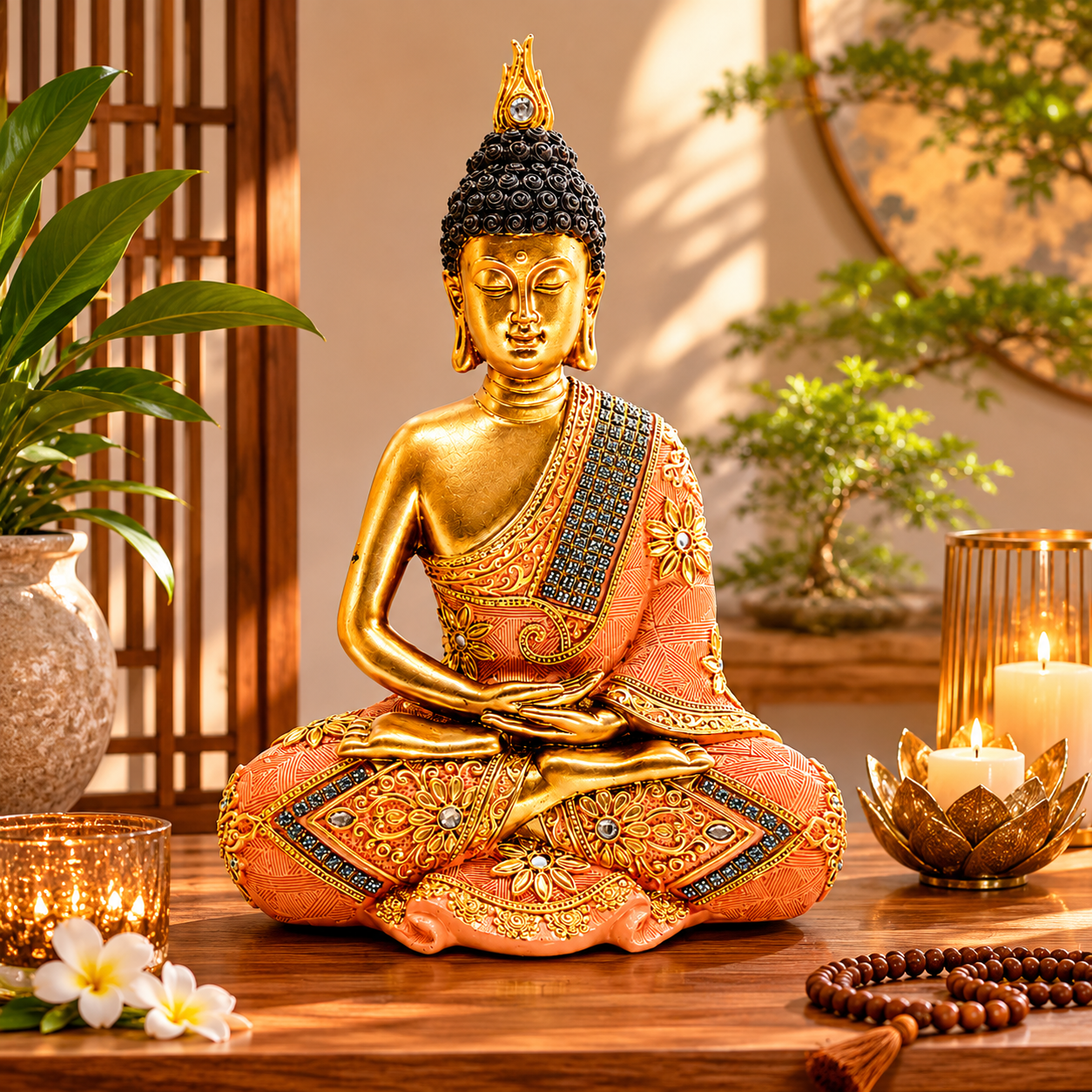 Peach & Antique Gold Buddha Meditation Statue