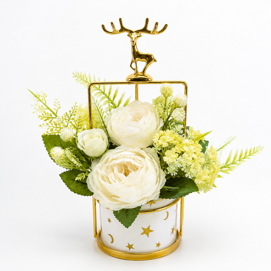 Artificial Flower Arrangement with Deer Accent | Decorative Table Centerpiece | Premium Floral Home Decor (Black & White Variants)