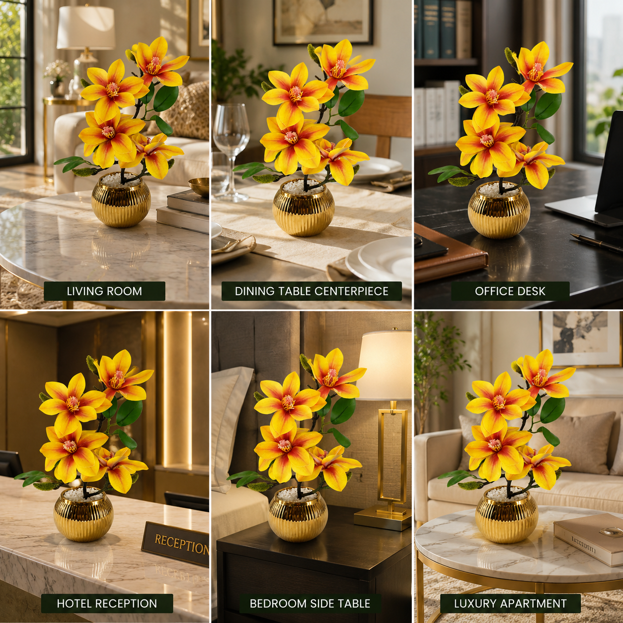Artificial Yellow Magnolia Flower Arrangement in Golden Pot | Luxury Tabletop Floral Décor | Decorative Indoor Flower Plant