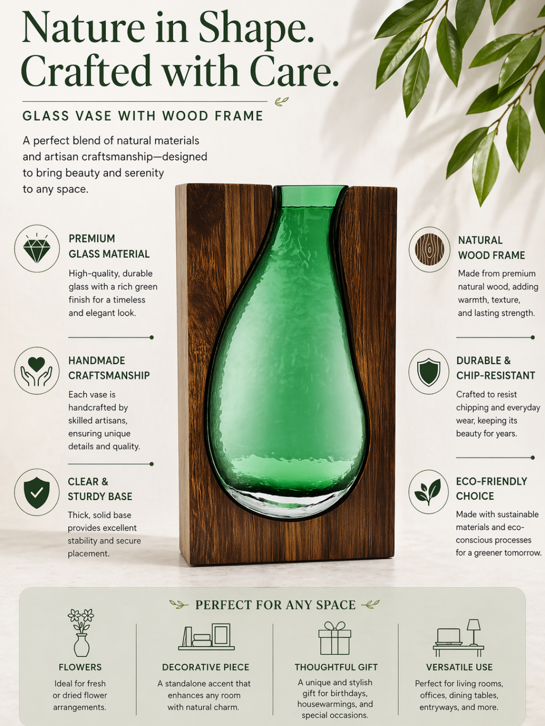 Oval Glass green wooden Flower Vase