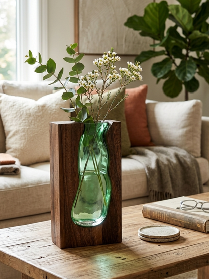 Green Glass wooden Flower Vase
