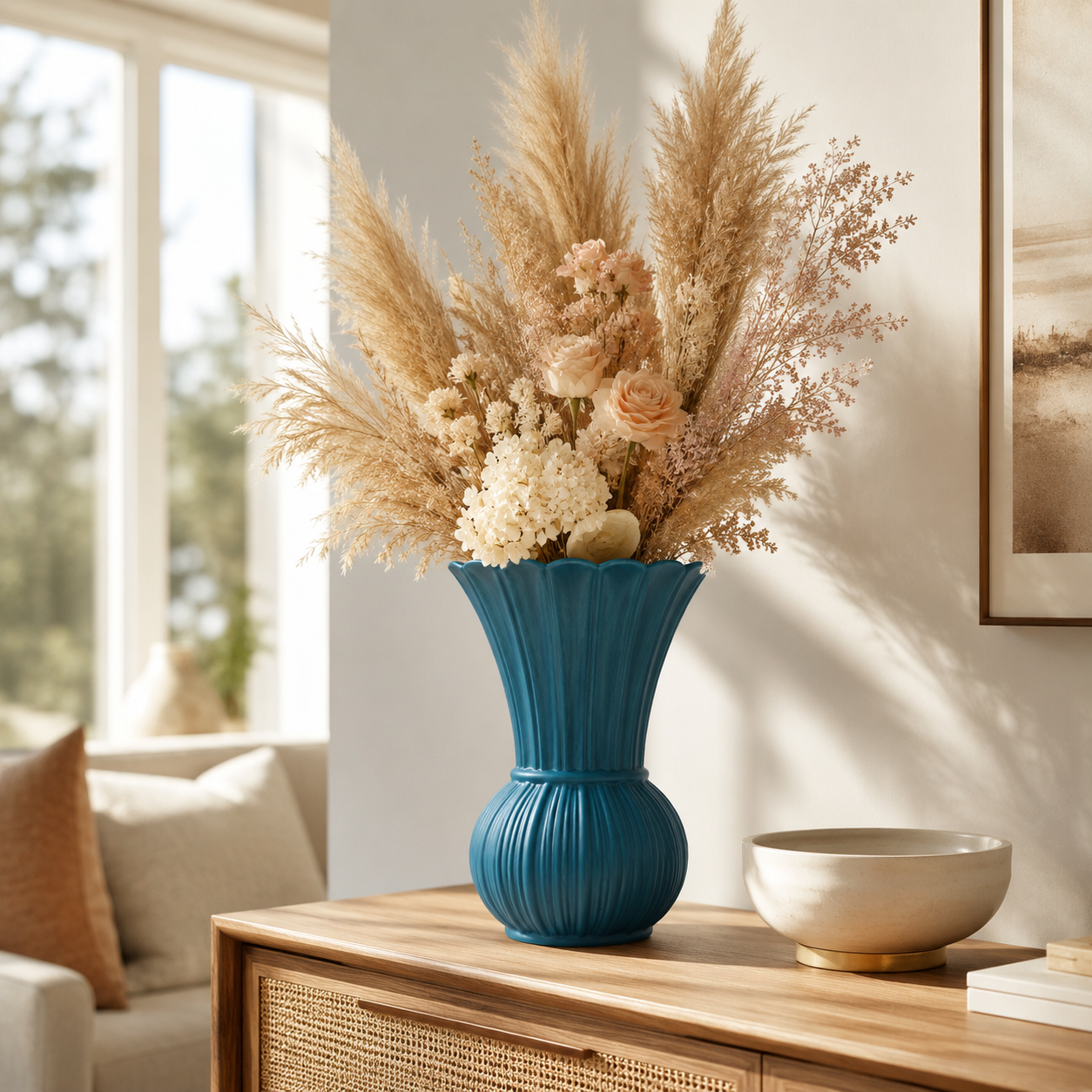 Scalloped Ribbed Ceramic Vase