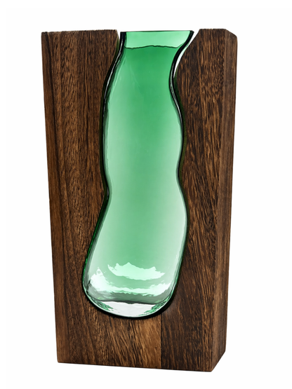 Green Glass wooden Flower Vase