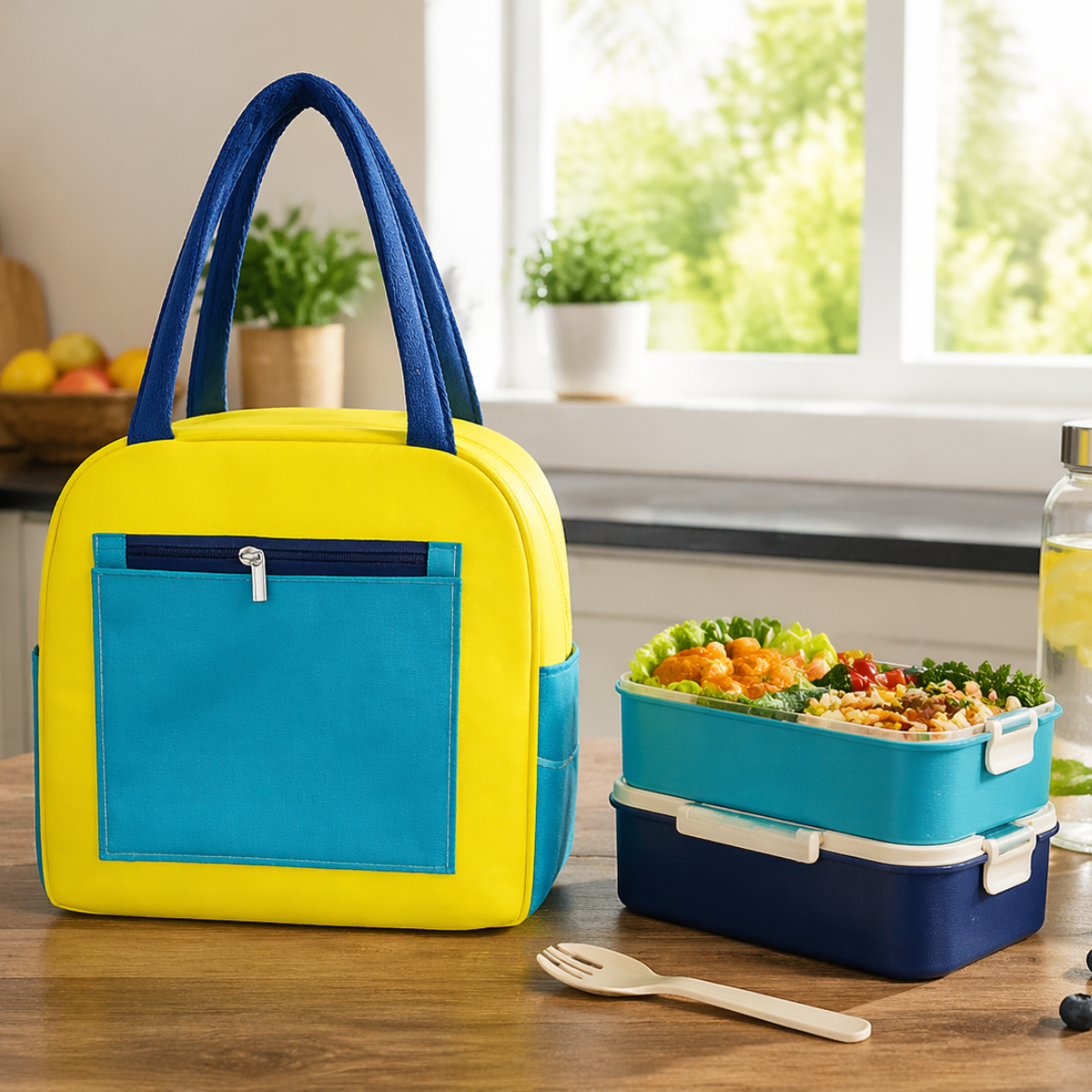 Sky Blue Insulated Lunch Bag for Women Men Kids | Large Capacity Thermal Lunch Tote Bag with Zipper Closure, Front Pocket, Dual Side Pockets | Reusable Lunch Bag for Office, School & Travel (Blue)