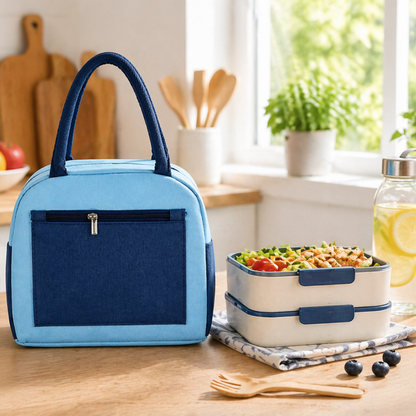 Sky Blue Insulated Lunch Bag for Women Men Kids | Large Capacity Thermal Lunch Tote Bag with Zipper Closure, Front Pocket, Dual Side Pockets | Reusable Lunch Bag for Office, School & Travel (Blue)