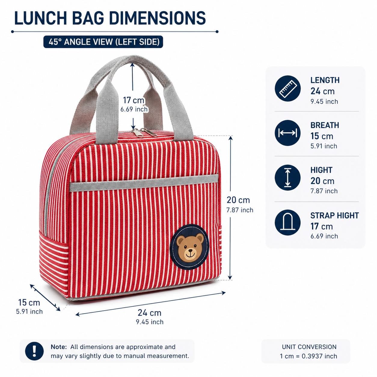 M N Store Insulated Lunch Bag for Men & Women – Stylish Stripe Lunch Tote with Front Pocket, Reusable Leakproof Lunch Box Bag for Office, School, Travel & Picnic