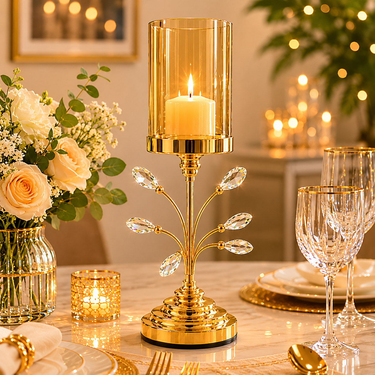 Golden Crystal Candle Holder
