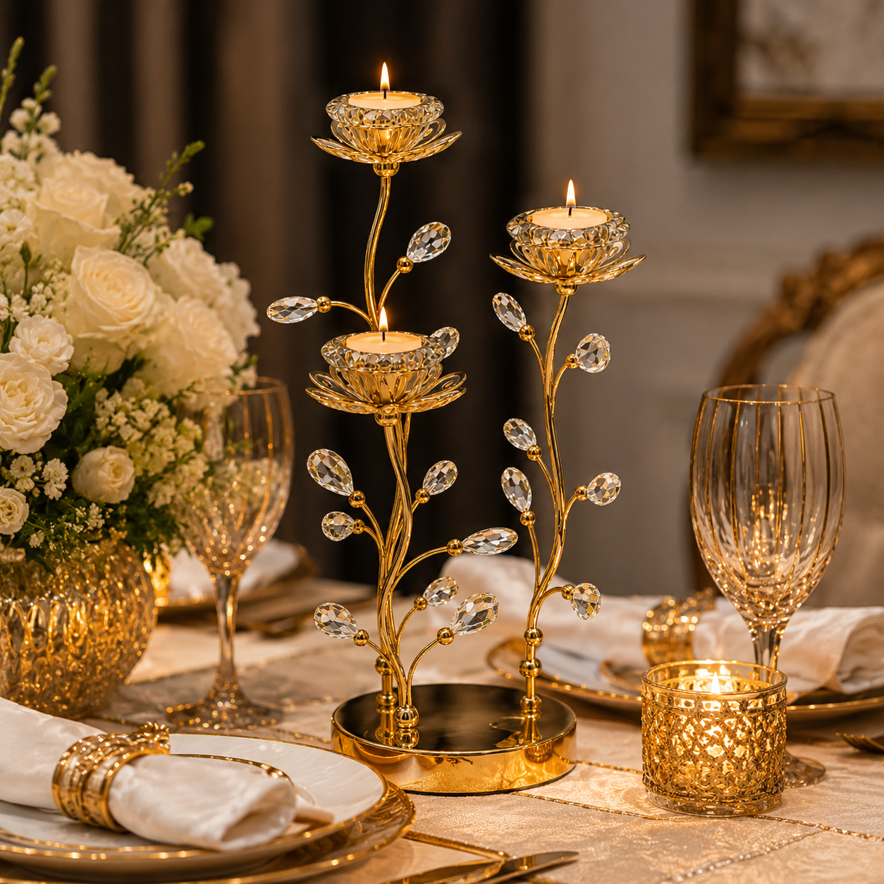 Golden Crystal Floral Candle Holder