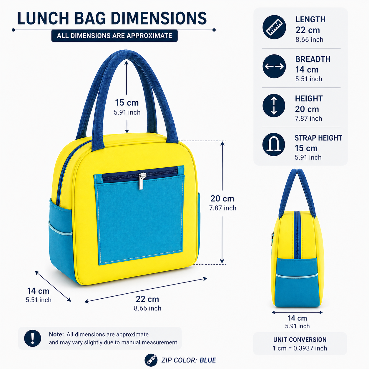 Yellow Insulated Lunch Bag for Women Men Kids | Large Capacity Thermal Lunch Tote Bag with Zipper Closure, Front Pocket & Dual Side Pockets | Reusable Lunch Bag for Office, School & Travel (Yellow)