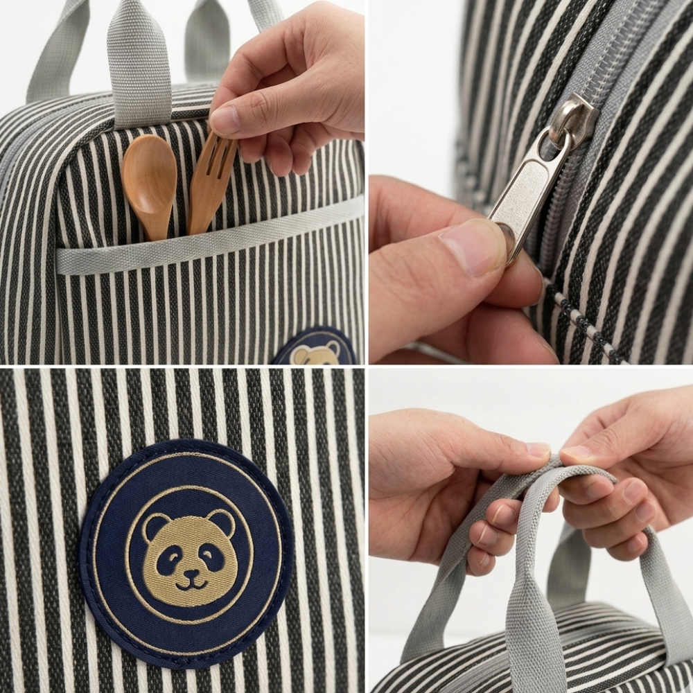 M N Store Insulated Lunch Bag for Men & Women – Stylish Stripe Lunch Tote with Front Pocket, Reusable Leakproof Lunch Box Bag for Office, School, Travel & Picnic