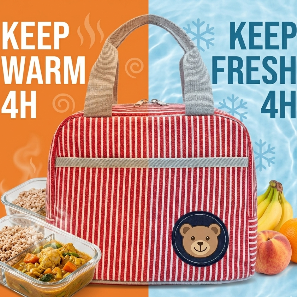 M N Store Insulated Lunch Bag for Men & Women – Stylish Stripe Lunch Tote with Front Pocket, Reusable Leakproof Lunch Box Bag for Office, School, Travel & Picnic