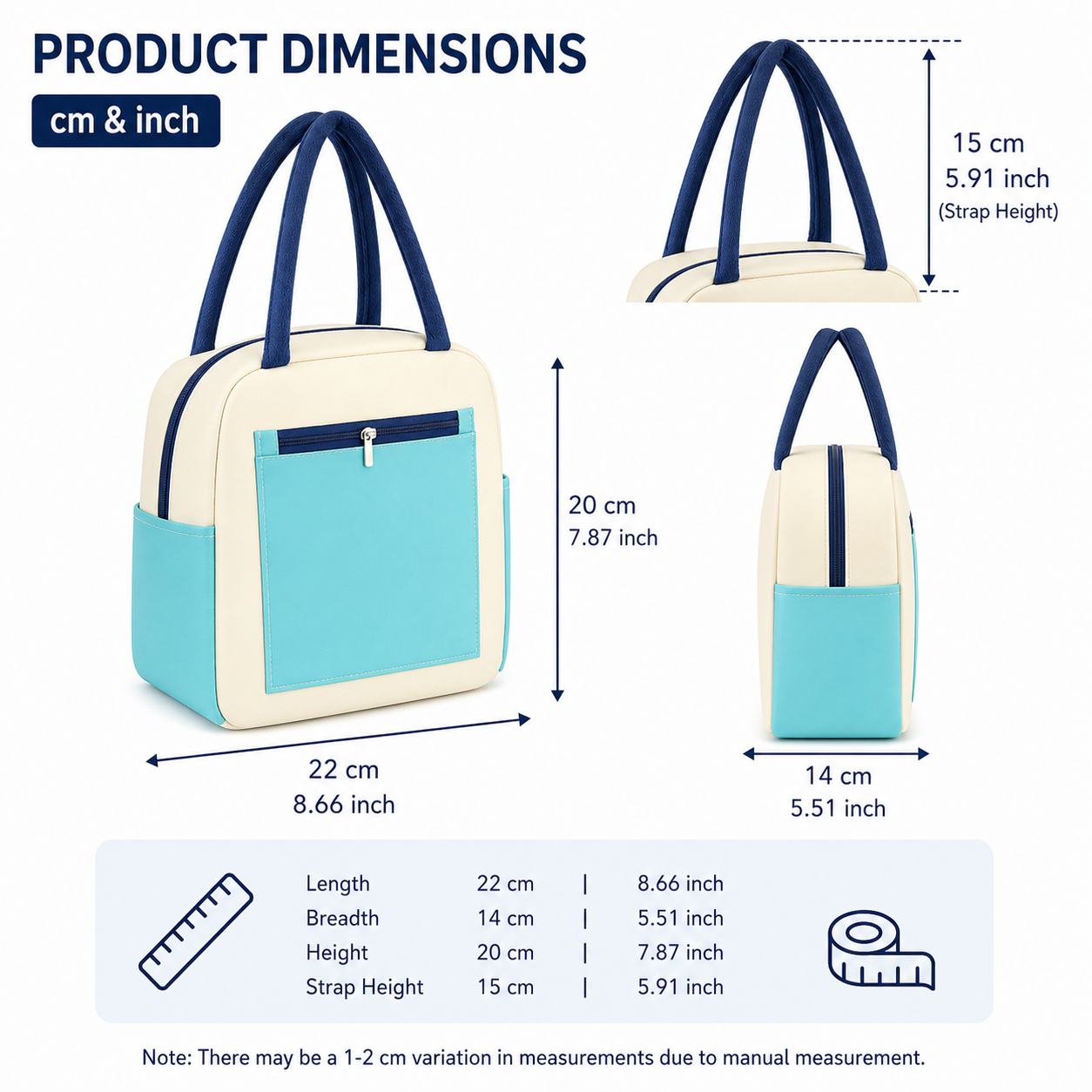 Sky Blue Insulated Lunch Bag for Women Men Kids | Large Capacity Thermal Lunch Tote Bag with Zipper Closure, Front Pocket, Dual Side Pockets | Reusable Lunch Bag for Office, School & Travel (Blue)