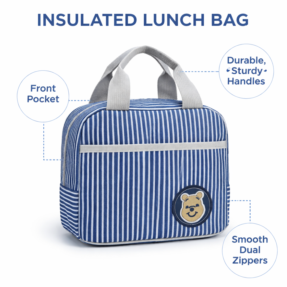 M N Store Insulated Lunch Bag for Men & Women – Stylish Stripe Lunch Tote with Front Pocket, Reusable Leakproof Lunch Box Bag for Office, School, Travel & Picnic