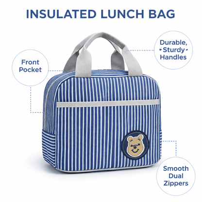 M N Store Insulated Lunch Bag for Men & Women – Stylish Stripe Lunch Tote with Front Pocket, Reusable Leakproof Lunch Box Bag for Office, School, Travel & Picnic
