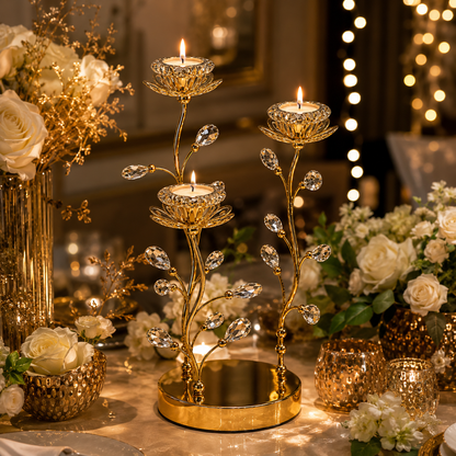 Golden Crystal Floral Candle Holder