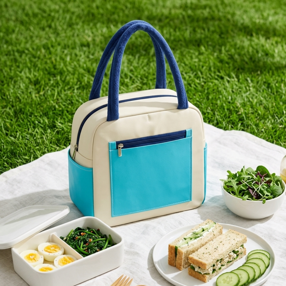 Sky Blue Insulated Lunch Bag for Women Men Kids | Large Capacity Thermal Lunch Tote Bag with Zipper Closure, Front Pocket, Dual Side Pockets | Reusable Lunch Bag for Office, School & Travel (Blue)