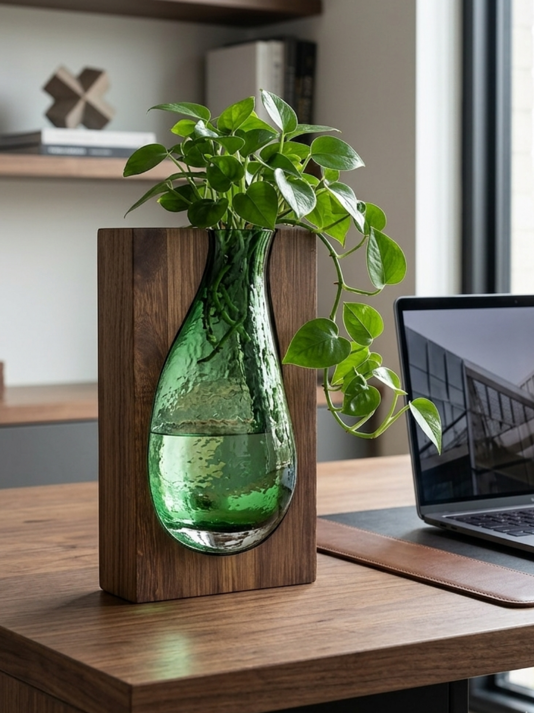 Oval Glass green wooden Flower Vase