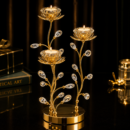 Golden Crystal Floral Candle Holder