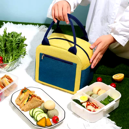 Yellow Insulated Lunch Bag for Women Men Kids | Large Capacity Thermal Lunch Tote Bag with Zipper Closure, Front Pocket & Dual Side Pockets | Reusable Lunch Bag for Office, School & Travel (Yellow)