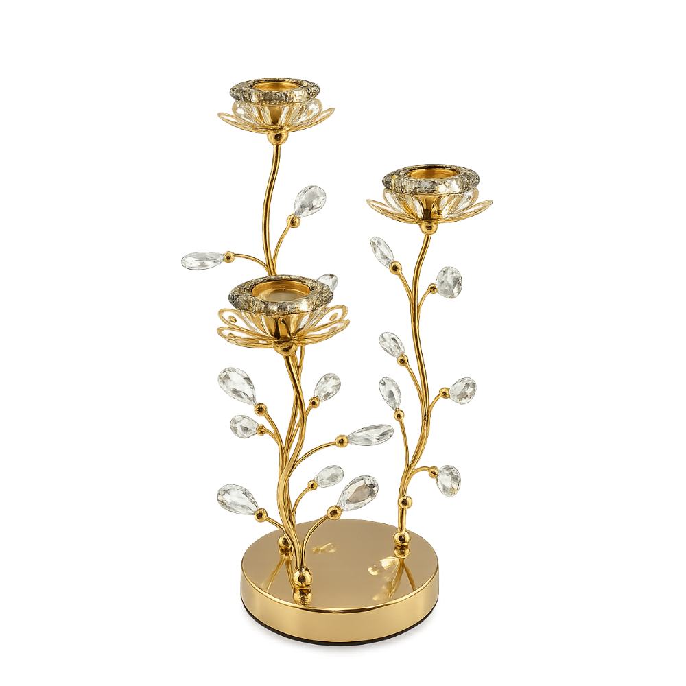 Golden Crystal Floral Candle Holder