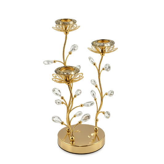 Golden Crystal Floral Candle Holder