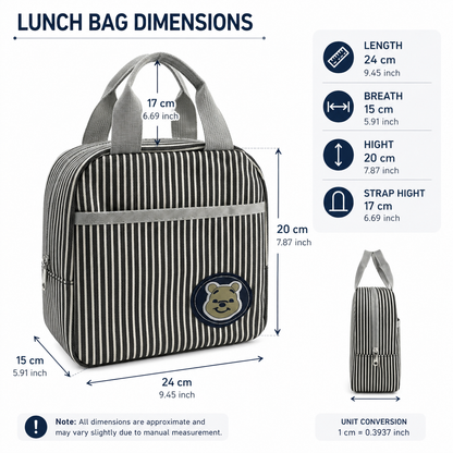 M N Store Insulated Lunch Bag for Men & Women – Stylish Stripe Lunch Tote with Front Pocket, Reusable Leakproof Lunch Box Bag for Office, School, Travel & Picnic