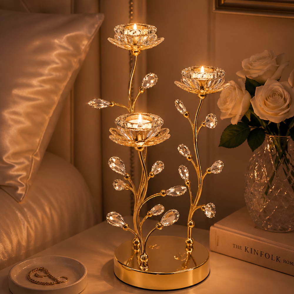 Golden Crystal Floral Candle Holder
