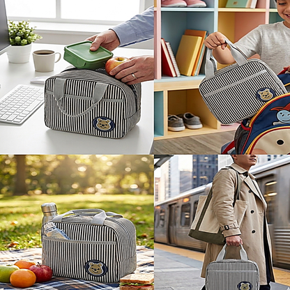 M N Store Insulated Lunch Bag for Men & Women – Stylish Stripe Lunch Tote with Front Pocket, Reusable Leakproof Lunch Box Bag for Office, School, Travel & Picnic