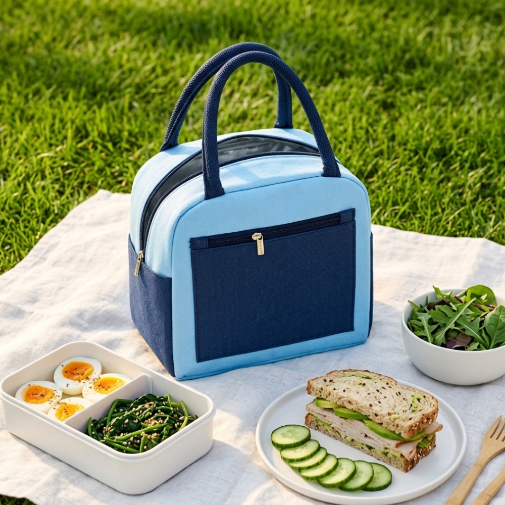 Sky Blue Insulated Lunch Bag for Women Men Kids | Large Capacity Thermal Lunch Tote Bag with Zipper Closure, Front Pocket, Dual Side Pockets | Reusable Lunch Bag for Office, School & Travel (Blue)