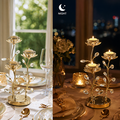 Golden Crystal Floral Candle Holder