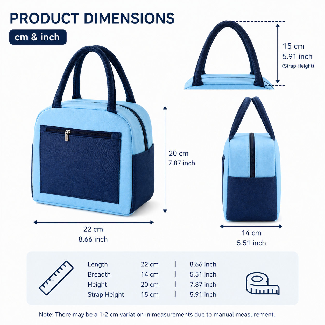 Sky Blue Insulated Lunch Bag for Women Men Kids | Large Capacity Thermal Lunch Tote Bag with Zipper Closure, Front Pocket, Dual Side Pockets | Reusable Lunch Bag for Office, School & Travel (Blue)