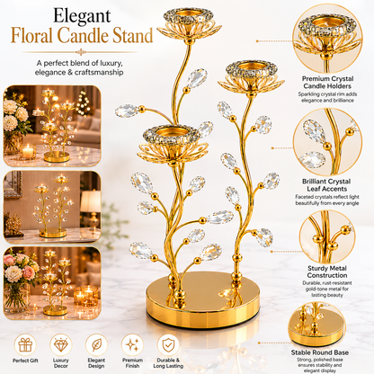 Golden Crystal Floral Candle Holder