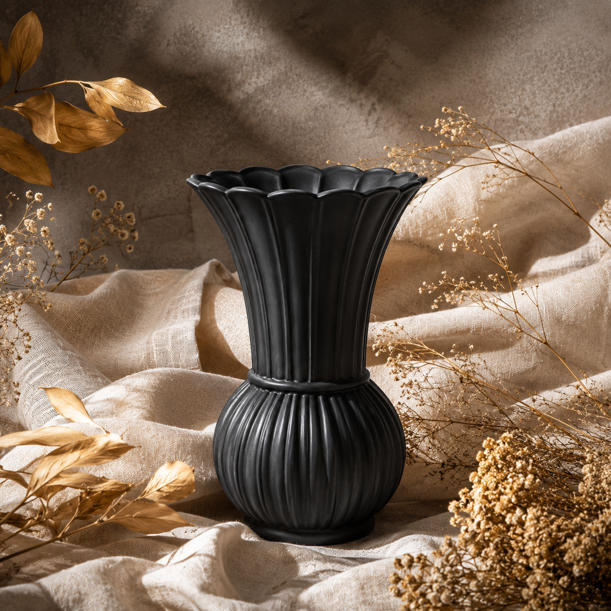 Scalloped Ribbed Ceramic Vase