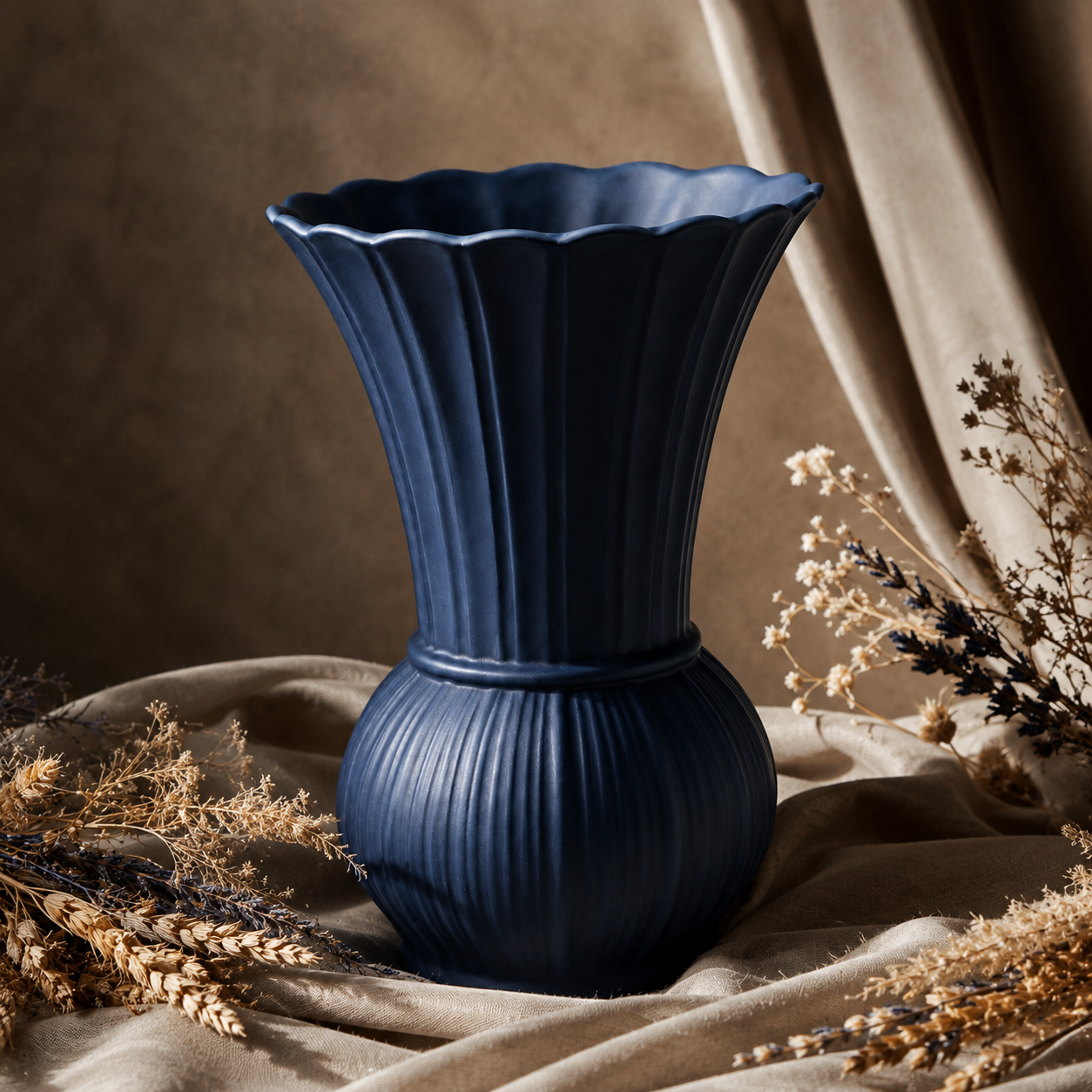 Scalloped Ribbed Ceramic Vase