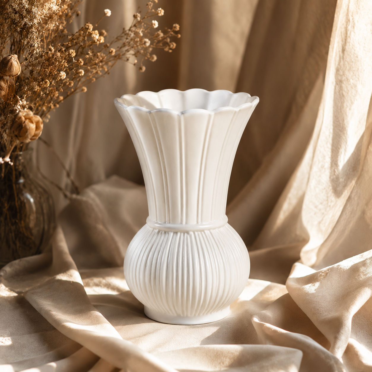Scalloped Ribbed Ceramic Vase