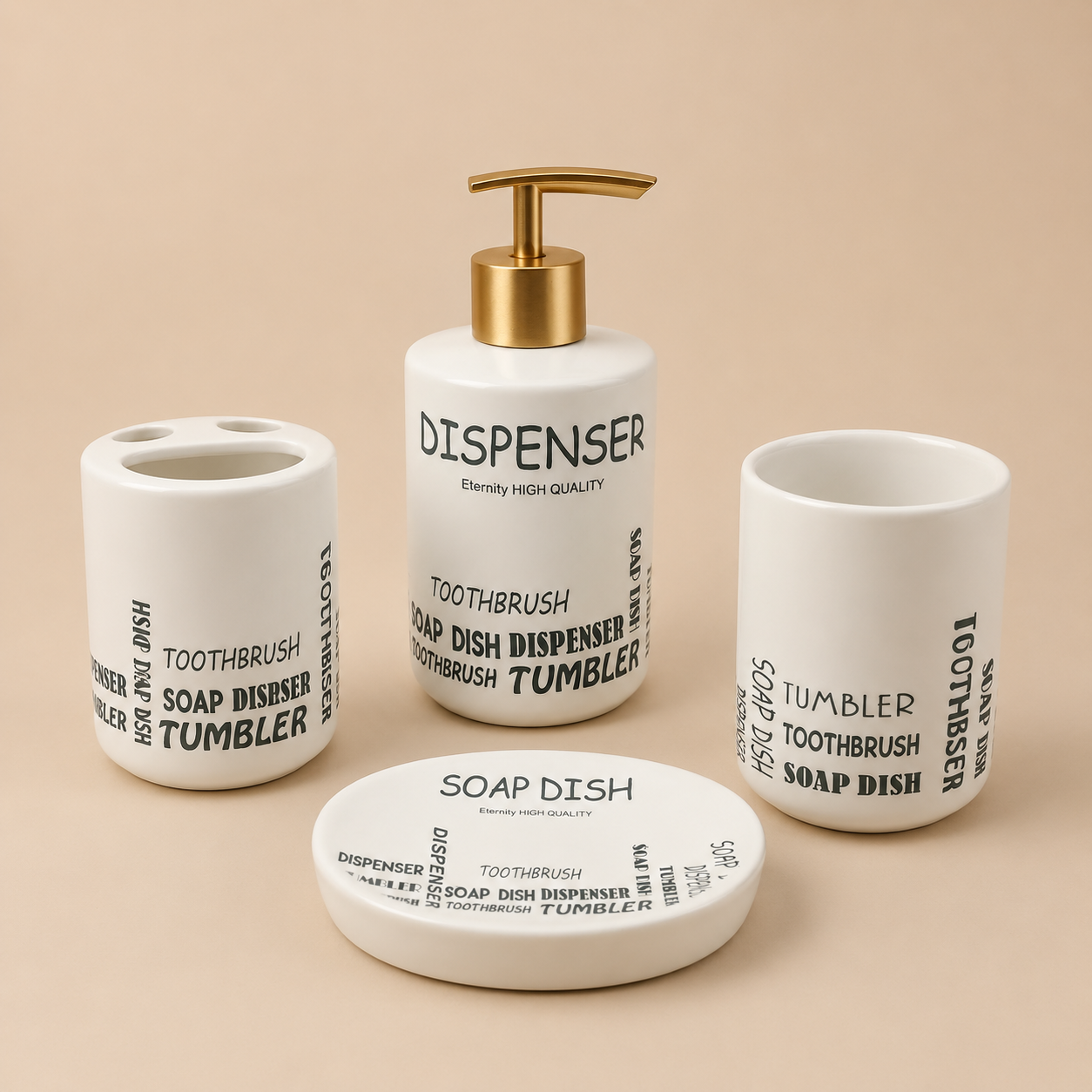 Premium 4-Piece Ceramic Bathroom Accessories Set with Gold Pump | Soap Dispenser, Toothbrush Holder, Tumbler & Soap Dish | Modern Bathroom Organizer | White & Grey