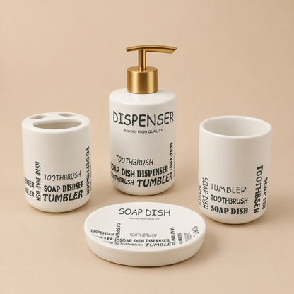 Premium 4-Piece Ceramic Bathroom Accessories Set with Gold Pump | Soap Dispenser, Toothbrush Holder, Tumbler & Soap Dish | Modern Bathroom Organizer | White & Grey